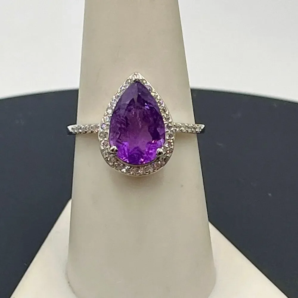 S925 Sterling Silver Pear‎ Shaped Purple Amethyst CZ ring Sze 8.25